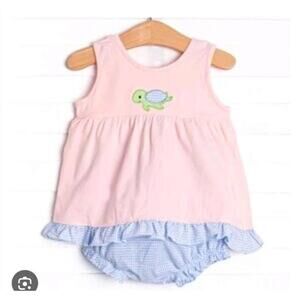 Stitchy Fish 18 Month Two Piece Turtle Blue Gingham Pink Outfit With Ruffles Bow